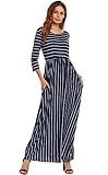 Women 3/4 Sleeve Casual Elastic Waist Striped Flare Long Maxi Dress with Pockets (XL, Navy Blue)