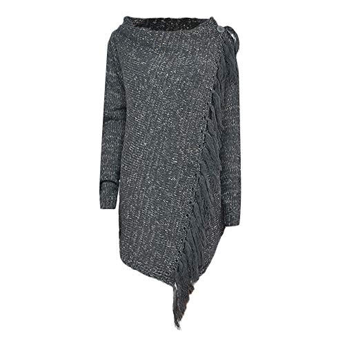 HOSOME Women Sweater Stripes Poncho Fall Tassels Slash Gradient Shawl Hem Fringe Loose Tops Dark Gray - Thumbnail 5