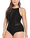 Daci Black Plus Size One Piece Swimsuits for Women High Neck Plunge Mesh Cut Out Bathing Suits 18 Plus