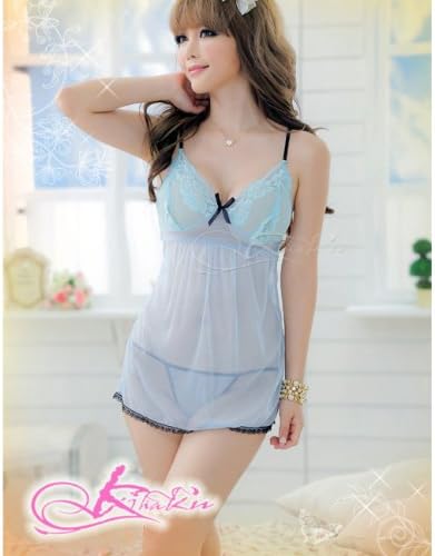 Amazon 黒リボン付水色のワンピース風ベビードール ショーツ ランジェリー 8537 Doll ベビードール