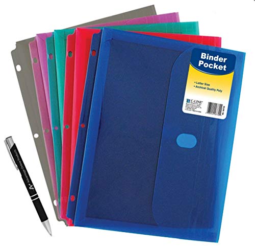 5 Pack Poly Binder Pocket with Hook and Loop Closure, 1-Inch Gusset, Letter Size, Assorted Colors (58730) with Custom Advantage Retractable Chrome and Black Pen