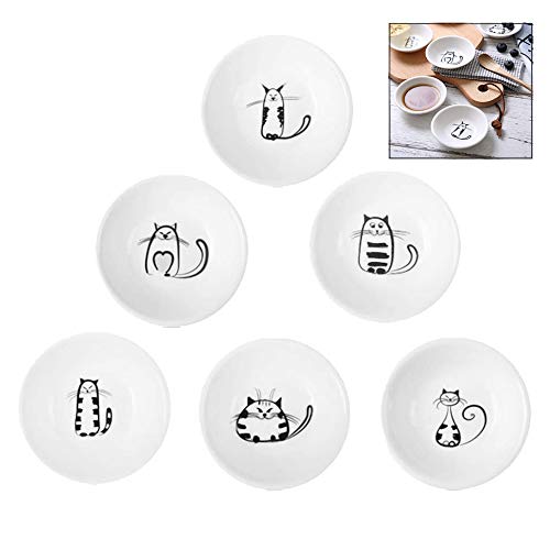 iwobi Set of 6 Cat Ceramic Side Sauce Dish,Sushi Soy Dipping Bowl Porcelain Snack Serving Dishes(White)