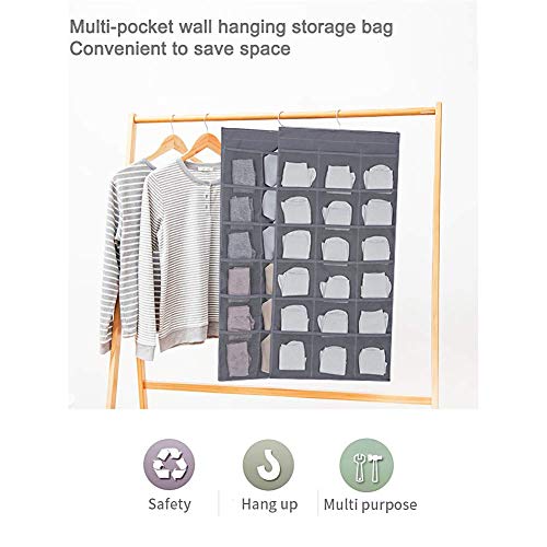 Hanging Closet Organizer, Dual-Sided 30 Pockets Wall Shelf Wardrobe Storage Bags for Underwear, Stocking, Bra and Sock, Mesh Pocket with Metal Hanger - Gray - Thumbnail 3