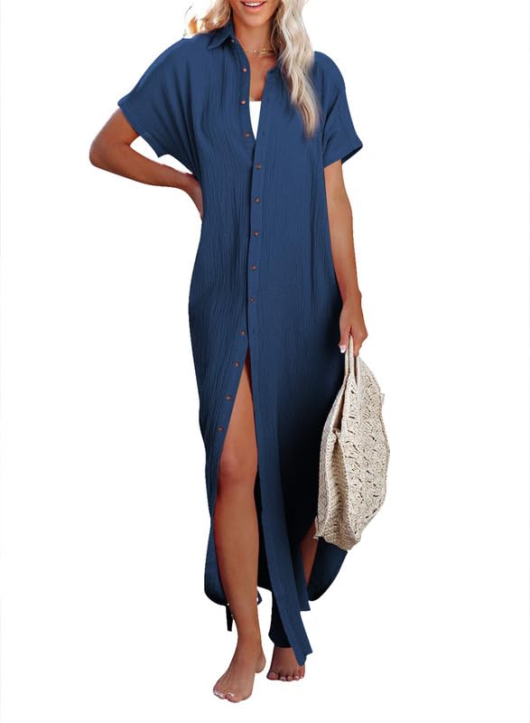 Photo 1 of Dokotoo Swimsuit Bathing Suit Cover Up for Women Swimwear 2025 Fashion Summer Dresses Button Down Long Kimonos Cardigan Vacation Beach Short Sleeve Side Split Casual Solid Loose Blue Coverups M