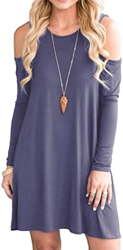 Women's Summer Cold Shoulder Tunic Top Swing T-Shirt Loose Dress with Pockets