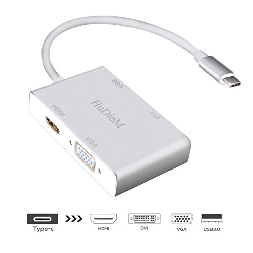 Type C to HDMI Adapter, HuDieM USB-C (Type C) to HDMI DVI VGA Multiport Adapter with USB 3.0 HUB for MacBook/MacBook Pro/ Chromebook Pixel/ Samsung Galaxy S8/ S8 Plus to HDTV/Monitors/Projector,Silver
