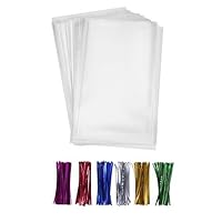 200 Clear Treat Bags 6x9 with 4" Twist Ties 6 Mix Colors - Thick OPP Plastic Bags for Wedding Cookie Birthday Cake Pops Gift Candy Buffet Supplies