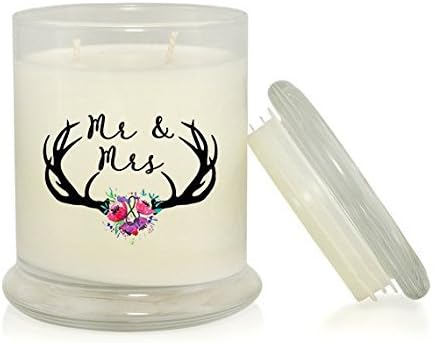 Antlers Mr and Mrs 8.5 oz Soy Candle - Wedding Gift - Watercolor Flowers - Rustic Country Wedding - Very Vanilla Scented