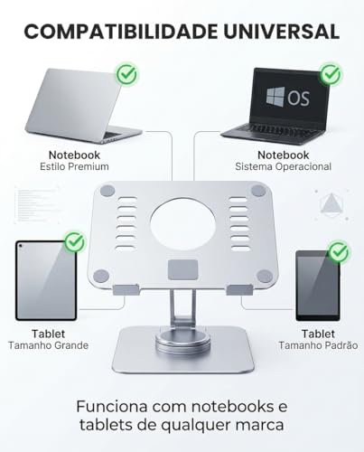 Suporte para Notebook Ajustável - Giratório 360° Ergonômico em Alumínio - Base Antiderrapante - Dobrável - Articulado - Compacto - Compatível com Notebook; Tablet; Laptop; MacBook; até 17”