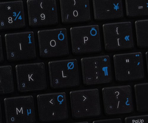 ENGLISH US INTERNATIONAL KEYBOARD LABELS ON TRANSPARENT BACKGROUND WITH BLUE LETTERING (14X14)