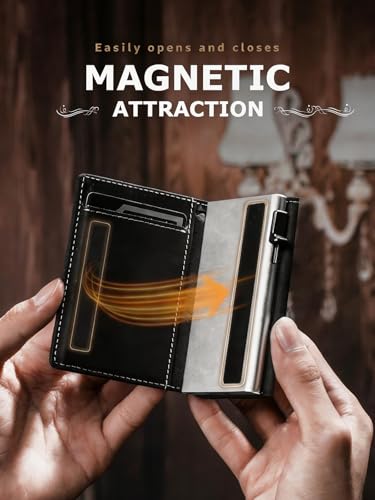 Men's RFID Blocking Anti-Theft Pop Up Wallet, Genuine Leather Slim Bifold Card Holder, Magnetic Closure, YKK Coin Pocket, ID Window, Holds 8-10 Cards or Bills, 5+ Coins (Black Grey Silver)