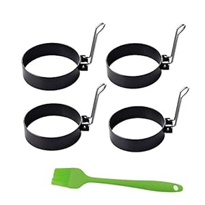 JZK 4 x Non Stick Metalen Eierringvormen met Handvat + Siliconen Borstel, Ronde Gebakken Eiervormen voor Koekenpan…