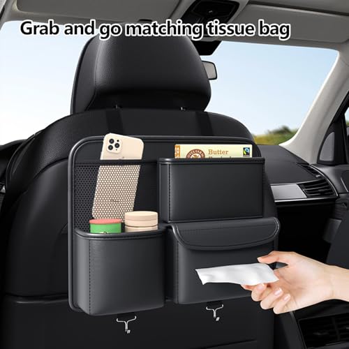 TERRIFI Leather Car Backseat Organizer - Hanging Seat Storage Bag for Snacks, Drinks, Toys, Magazines - Keeps Car Clean and Tidy - Essential Travel Accessories, Black