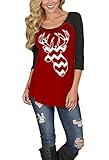 Sumtory Women Chrismas Reindeer Printed 3/4 Sleeve Pull On T Shirt Tops