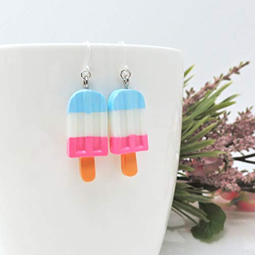 Popsicle Dangle Earrings on Clear Plastic Hooks, Pink, White, Blue - Thumbnail 3