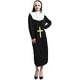 Esaleely Halloween Nun Costume for Women Cosplay Costume Dress Outfit Nun Habit with Nun Hat&amp;White Collar&amp; Cross Pendant