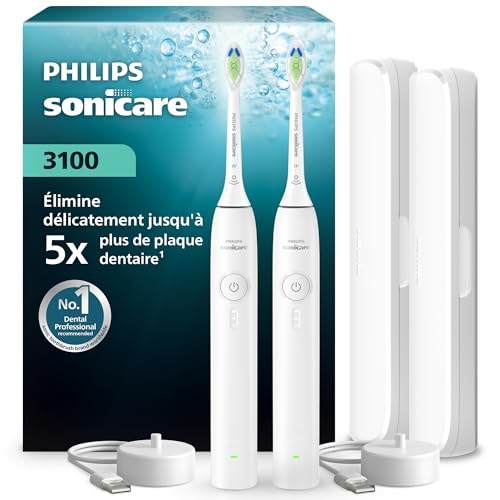 Philips Sonicare série 3100 – Brosse à dents électrique, capteur de pression, 3 intensités, EasyStart, SmarTimer, autonomie 14 j, étui de voyage, pack de 2, coloris blanc, HX4072/41, [Nouveau]