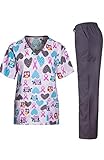 MedPro Women's Medical Scrub Set with V-Neck Print Top and Cargo Pants Pink Blue S(9007RIB-21)