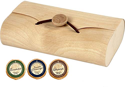 24 Edel Schokoladen Golddublonen 3 Sorten Zartbitter DreiMeister im Kuvert aus Holz