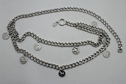 TFJ Women Fashion Wide Belt Hip High Waist Metal Chains Greek Coins S M L Silver