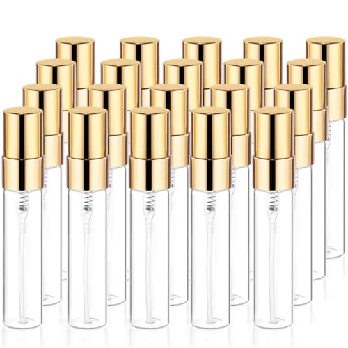 NimbusNote 20Pcs 5ml Clear Glass Mist Spray Bottle Refillable Mini Perfume Atomizer Empty Travel Sample Bottle with Golden Aluminized Nozzle Makeup Container for Perfume,Liquid,Air Fresheners