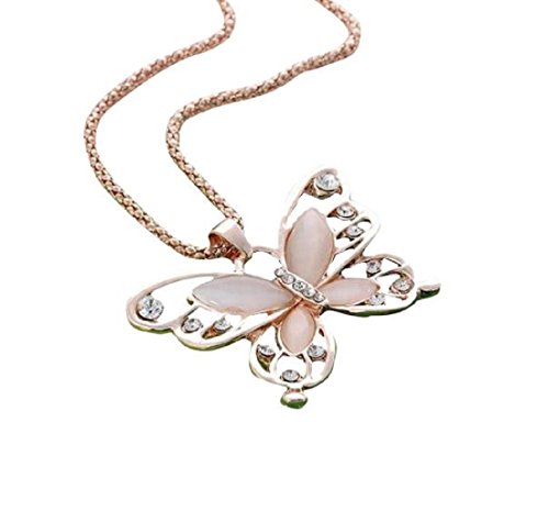 Perman Ladies Fashion Rose Gold Opal Butterfly Pendant Necklace Sweater Accessories