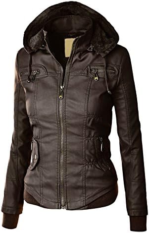 OPL Women's Faux Leather Zip Up Bomber Jacket with Hood WJC858 Coffee
