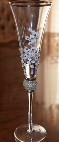 Exquisite Glass Hand Painted Wedding Champagne Flutes with Swarovski Crystals and Pearls Set of 2