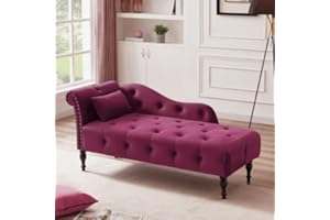 HomJoones Tufted Upholstered Velvet Rolled Arm Chaise Lounges Indoor Chair, Right Arm Facing Chaise Lounge with Nailhead Trim and 1 Pillow,for Living Room Bedroom Office (Burgundy)