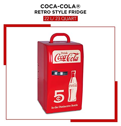 Coca-Cola Retro 18 Can Mini Fridge w/ 12V DC and 110V AC Cords, 22L (23 qt), Portable Cooler, Red, Travel Fridge for Drinks, Snacks, Lunch, Home, Office, Dorm Room, RV