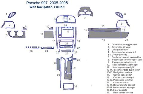 Porsche 997 Full Dash Trim Kit, With Navigation - Carbon Fiber