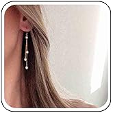 Allereyae Vintage Pearl Drop Earrings Tiny Pearl Tassel Chain Earrings Bridal Pearl Dangle Earrings Long Cluster Pearl Earrings Jewelry for Women