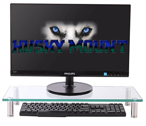 Husky Mounts Computer Monitor Riser Desktop Monitor Stand 22 X 9.5 Inch Thick Tempered Clear Plate Glass. 3"- 3 3/4" Adjustable Height Aluminum Legs Desk Shelf Laptop TV Riser Elegant Modern Design. - Thumbnail 2