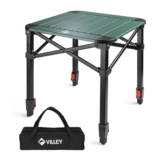 VILLEY Folding Table with Carry Bag, Portable Aluminium Folding Table, Height Adjustable Camping Table, Camping Table for Picnic, Fishing, Camping, Beach and Extrior, 40 x 40 x 53 cm