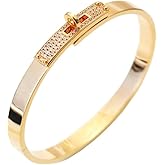 FOMCORT 18K Gold Plated Turn Lock Bracelet with Cubic Zirconia,Classical Fashion Stainless Steel Bangle Bracelet for Men and Womens