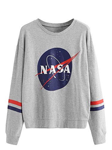 Shein Womens Casual Long Sleeve Nasa Letter Print Pullover