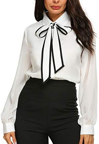 Womens Blouses Bow Tie Neck Long Sleeve Office Work Chiffon Elegant Patchwork Casual Button Down Shirts