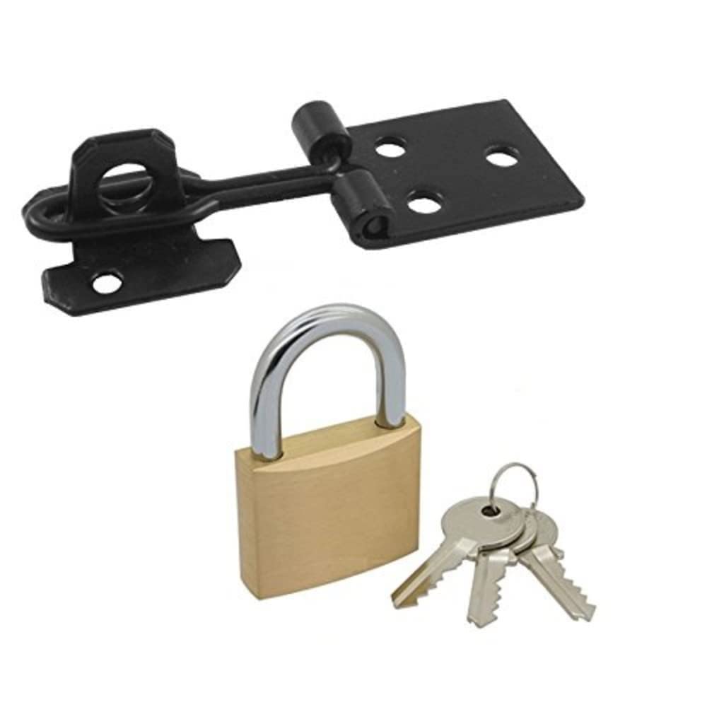 Merriway BH02465 100 mm (4 inch) Wire Hasp & Staple, Black Japanned with 19 mm (3/4 inch) Brass Padlock & 3 Keys
