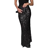 Wuitrie Womens Black Sequin Skirt Elegant High Waist Bodycon Mermaid Maxi Skirts Cocktail Party Night Out Outfits