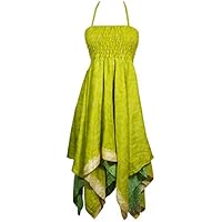 Mogul Interior Womens Dress Handkerchief Hem Printed Sari Silk Halter Dresses S/M