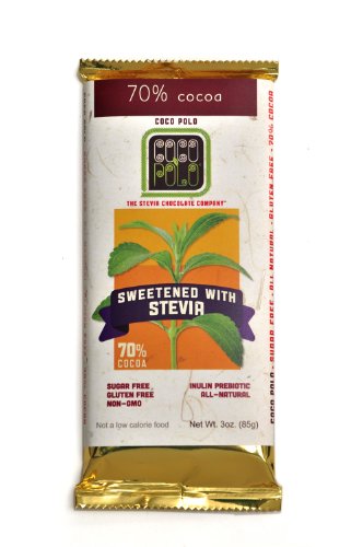 Coco Polo, Stevia Sweetened 70% Cocoa Pure Dark Chocolate, All Natural, Non-GMO, Sugar Free, 3-Ounce Bars (Pack of 5)