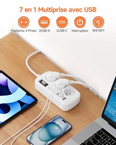 3 M Electric Extension Cord with 4 USB (2 USB-C), 3 Sockets with Switch, Wall Mount Surge Arrester for Home Office, White 16A/4000W