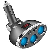 AOGUERBE Car Cigarette Lighter Adapter 3 Sockets Car Splitter 3.4A Dual USB Car Charger DC Outlet for GPS, Dashcam, Vehicle Navigating, Android Samsung iPhone Tablets - Digital Voltage LED Display