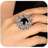 Jumwrit Boho Silver Crystal Women Statement Ring Antique Big Round Open Band Ring Vintage Rhinestone Flower Ring Exaggerated Prom Party Cocktail Accessories for Women