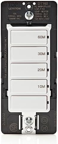 Leviton Countdown Timer Switch for Bathroom Fan and Household Lights, 10-20-30-60 min, No Neutral Required, Single Pole, 15A, 1/2HP/9.8A Fan/Motor, DT160-1LW, White (Pack of 10) Image