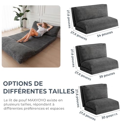 MAXYOYO Folding Bean Bag Chair with Foam Padding, Extra Thick 4 Layers, Mattress/Floor Sofa for Adults, Removable and Machine Washable Cover, Charcoal, 135 x 240 cm