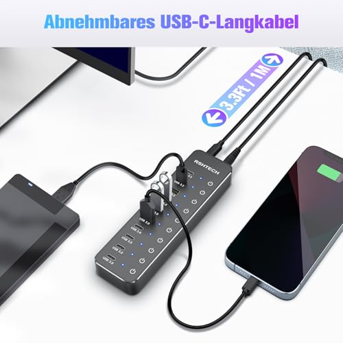 USB Powered Hub, RSHTECH USB 3.2/USB-C 10 Ports Hub with 3X 10Gbps Data Port (2C+1A), 7X 5Gbps 3.0 Ports (4C+3A), 12V/5A 60W Power Supply, Individual Touch Switches USB Hub, RSH-ST10C-6