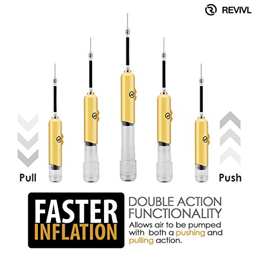 REVIVL Ball Pump with 5 Needles and 1 Nozzle - Air Pump for Inflatables, Basketball, Soccer, Volleyball, Football, Sport Ball - Dual Action for Faster Inflation - Just 6 Inches Small with Hose Holder
