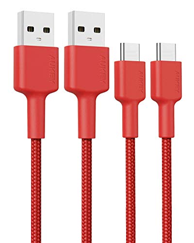 USB C Cable AUKEY (6.6ft x 2) USB Type C Cable Braided Nylon USB C to USB A Fast Charging Cord for Samsung Galaxy S10 S10+, Huawei P30 P20, MacBook Pro 2016, Sony Xperia XZ, Nexus 5X, OnePlus - Red