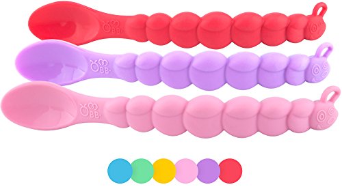 OBB Caterpillar First Stage Infant Silicone Spoons, BPA Free, Soft-Tip, Baby Training Set 3 Pack (Pink, Purple, Red)